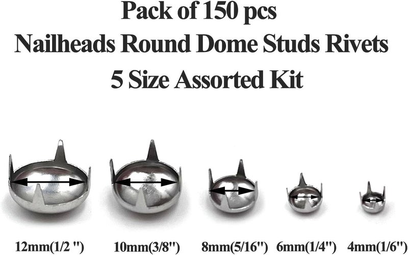 honigo 150pcs Nailheads Round Dome Studs Rivets Silver Metal Solid Brass 4/6/8/10/12mm 4 Prongs Spikes Spots for Leather Craft Clothes Belt Bag Shoes Decorations Totes DIY Craft - Image 3